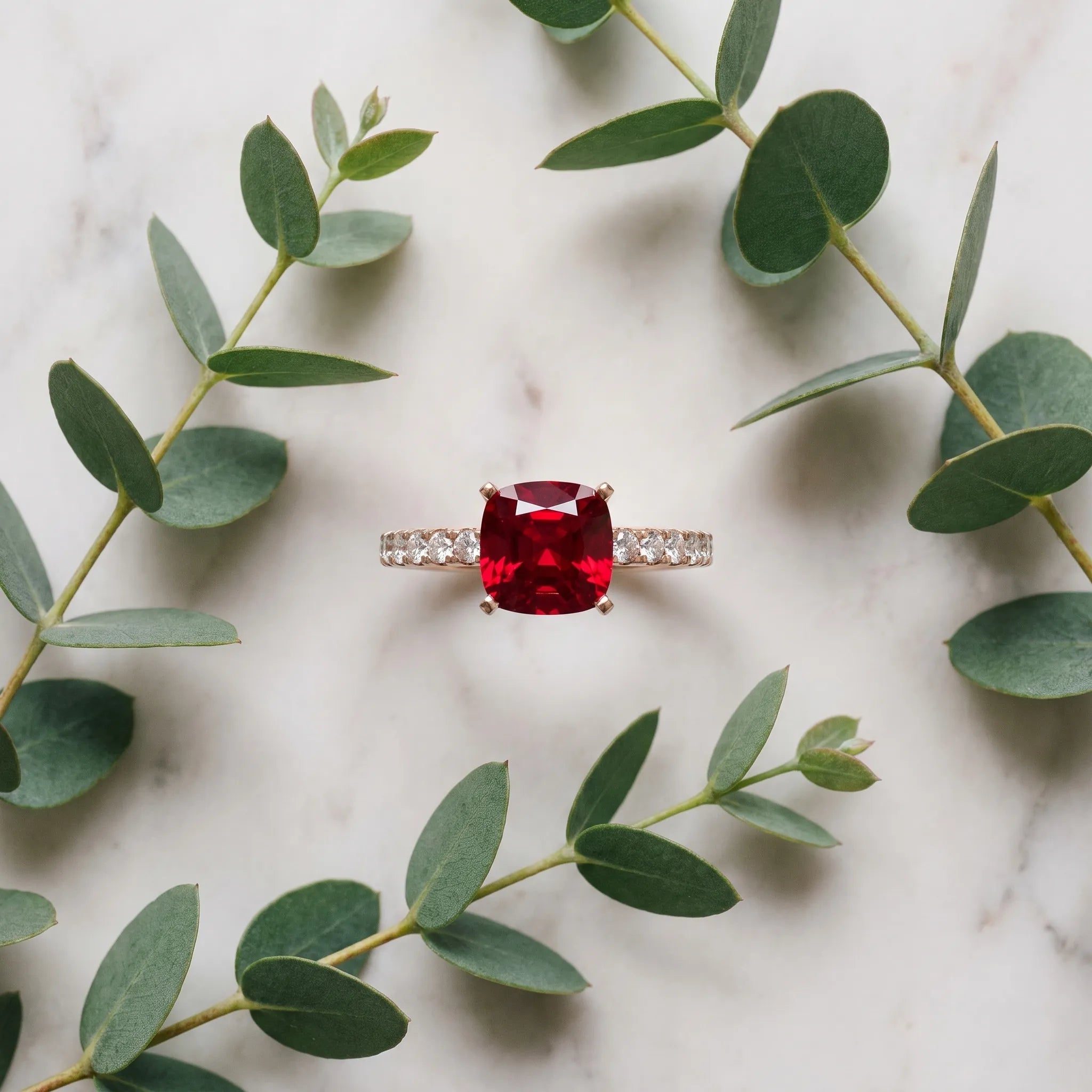 Rose gold Cushion Cut Ruby Solitaire Ring with Round  Pavé Band and Four-Prong Setting_45