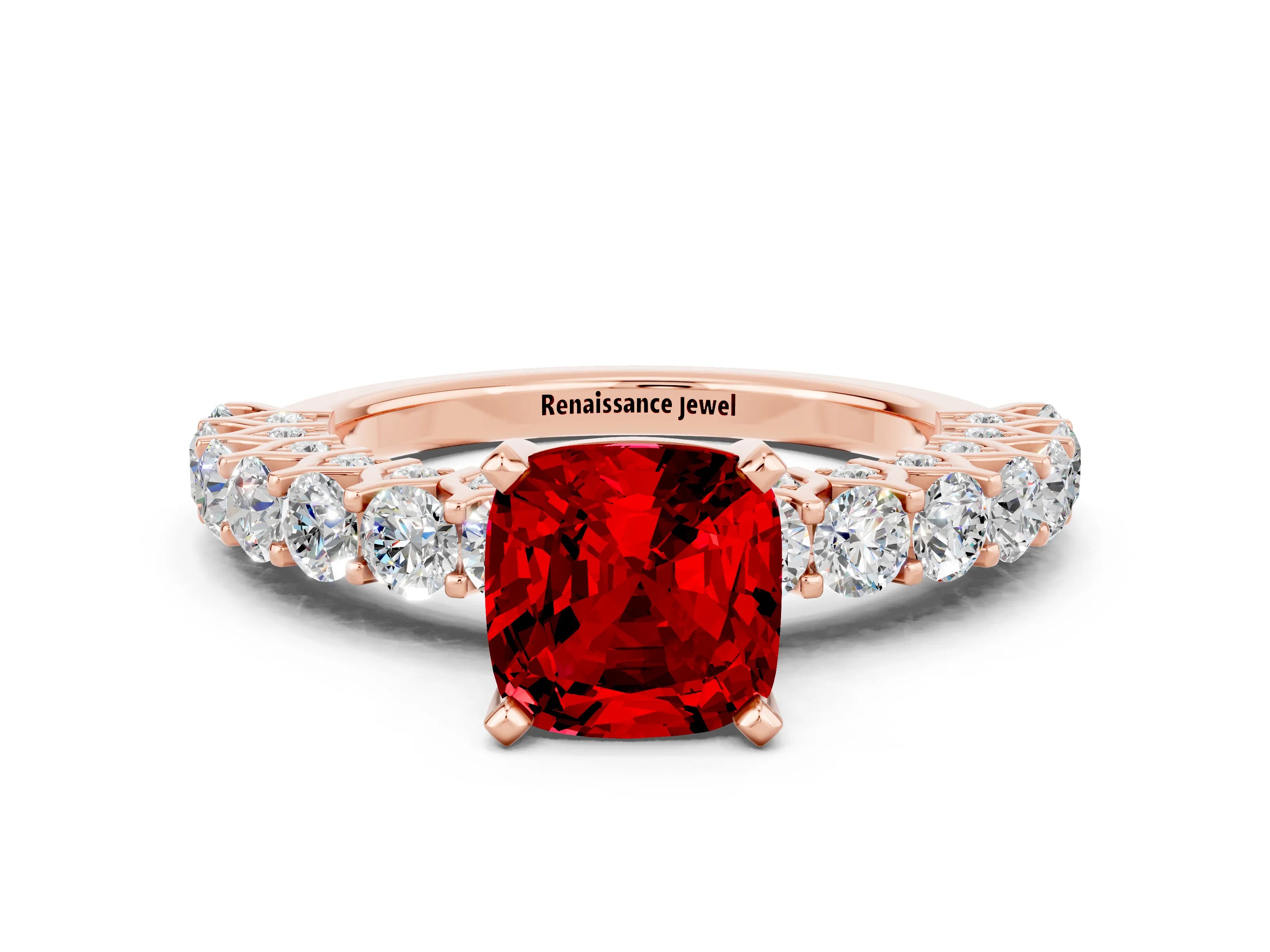 Rose gold Cushion Cut Ruby Solitaire Ring with Shared Prong Pavé Band and Four-Prong Setting