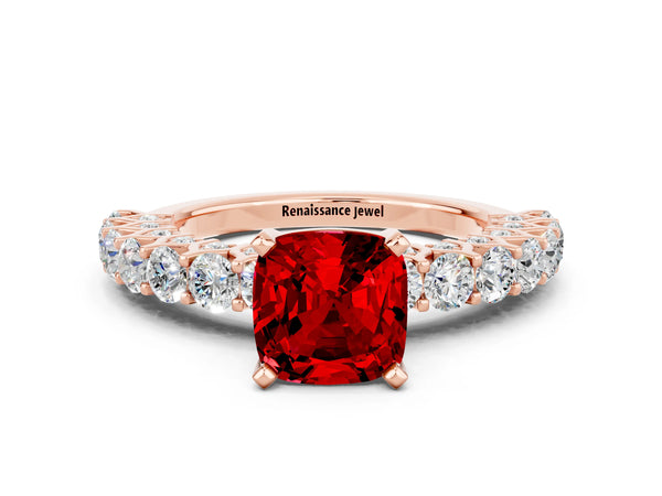 Rose gold Cushion Cut Ruby Solitaire Ring with Shared Prong Pavé Band and Four-Prong Setting