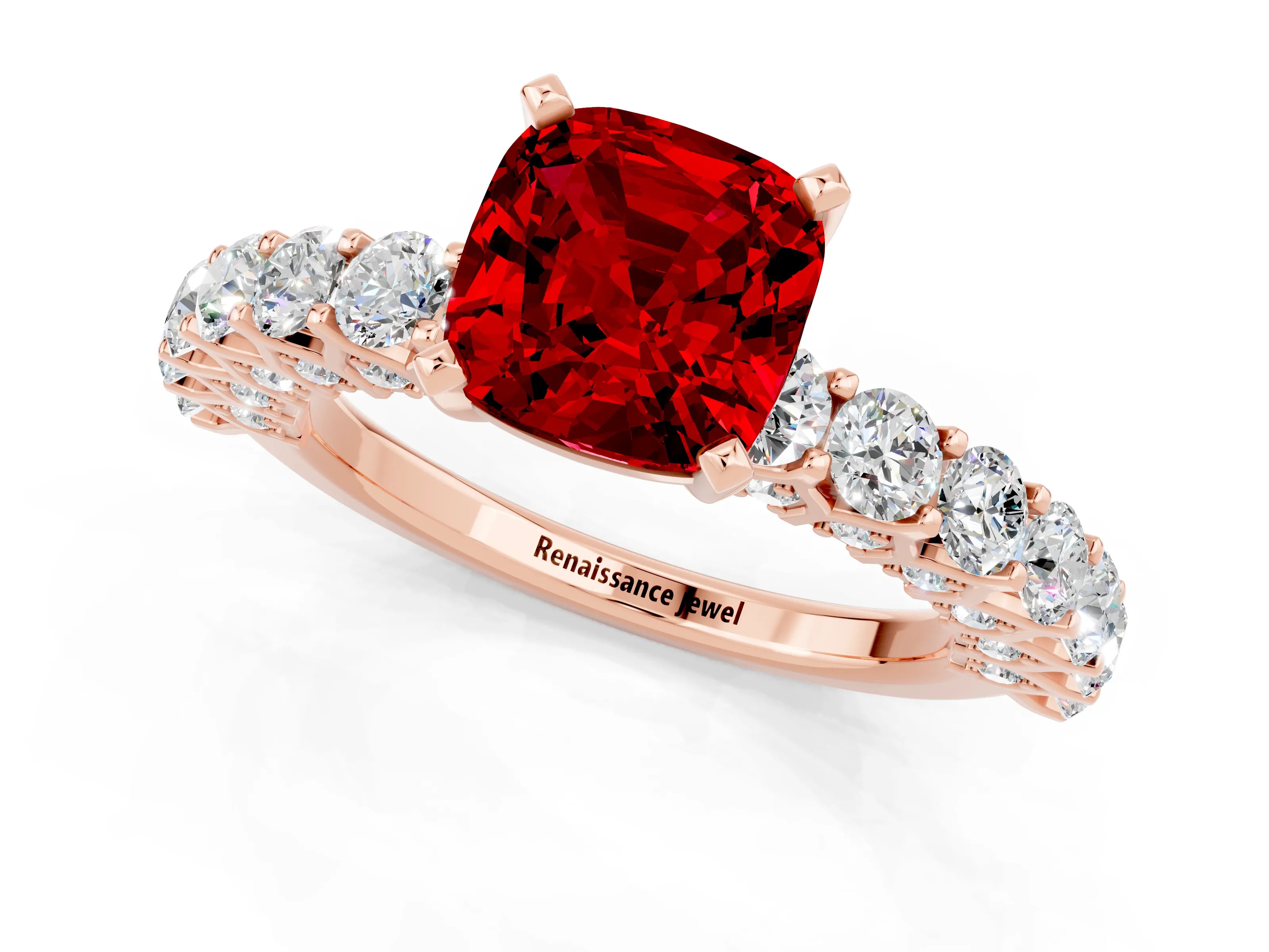 Rose gold Cushion Cut Ruby Solitaire Ring with Shared Prong Pavé Band and Four-Prong Setting_1