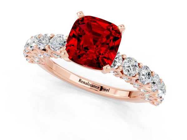 Rose gold Cushion Cut Ruby Solitaire Ring with Shared Prong Pavé Band and Four-Prong Setting