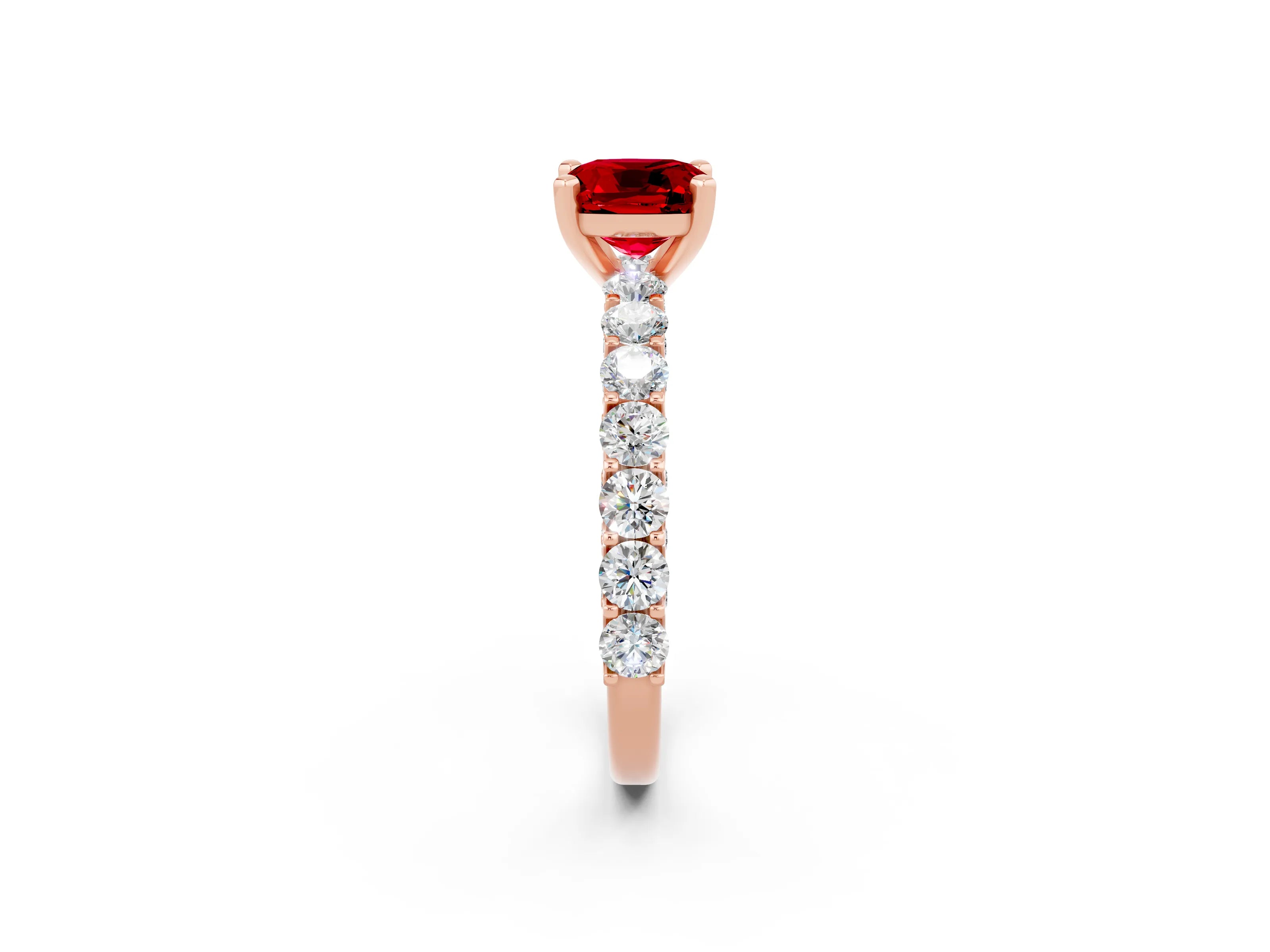Rose gold Cushion Cut Ruby Solitaire Ring with Shared Prong Pavé Band and Four-Prong Setting_2