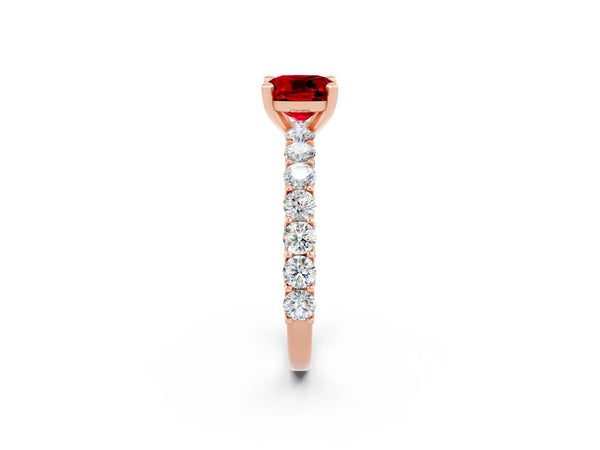 Rose gold Cushion Cut Ruby Solitaire Ring with Shared Prong Pavé Band and Four-Prong Setting