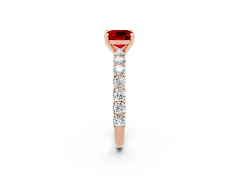 Rose gold Cushion Cut Ruby Solitaire Ring with Shared Prong Pavé Band and Four-Prong Setting_2
