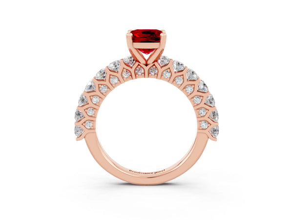 Rose gold Cushion Cut Ruby Solitaire Ring with Shared Prong Pavé Band and Four-Prong Setting
