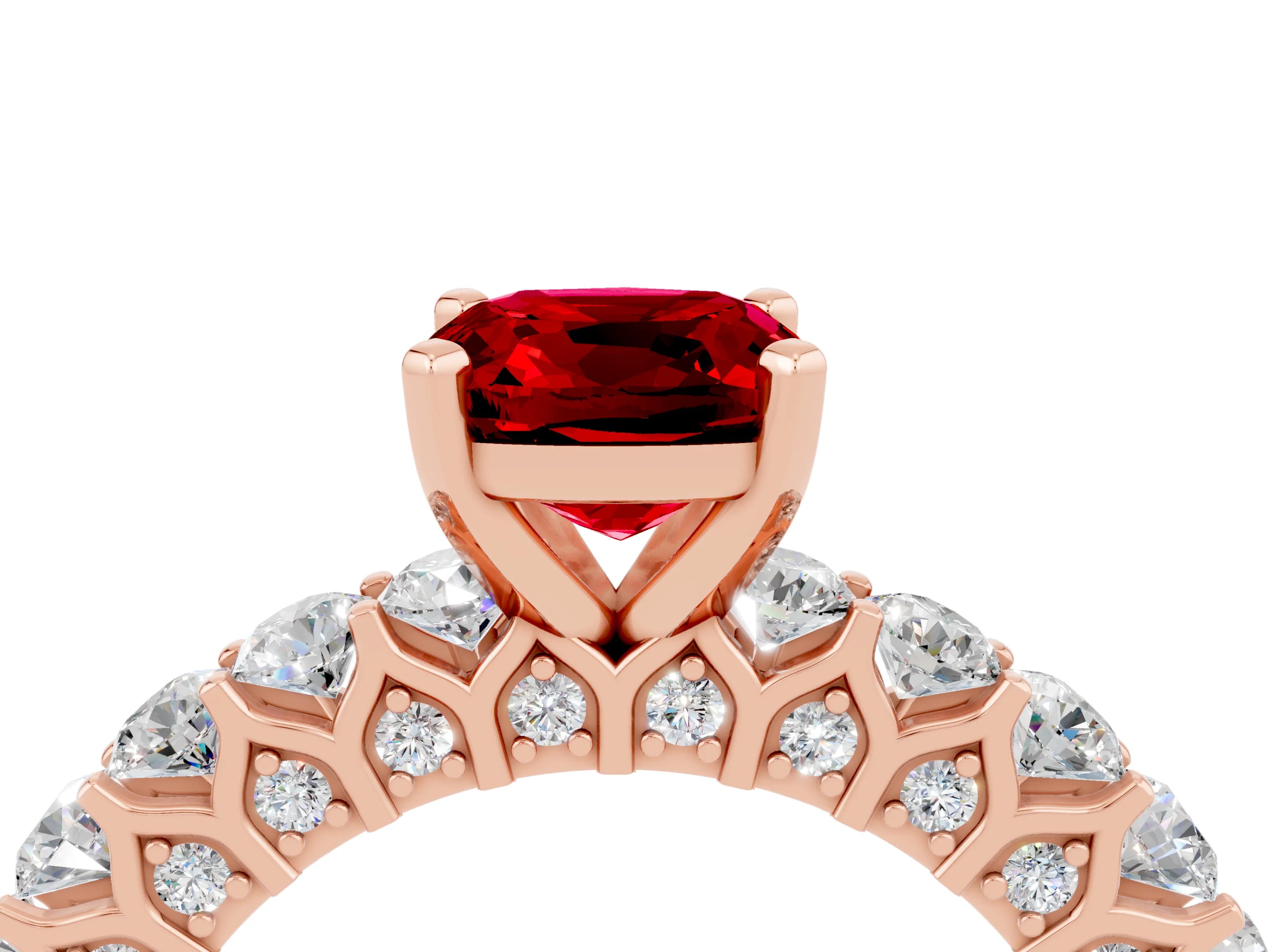 Rose gold Cushion Cut Ruby Solitaire Ring with Shared Prong Pavé Band and Four-Prong Setting_4