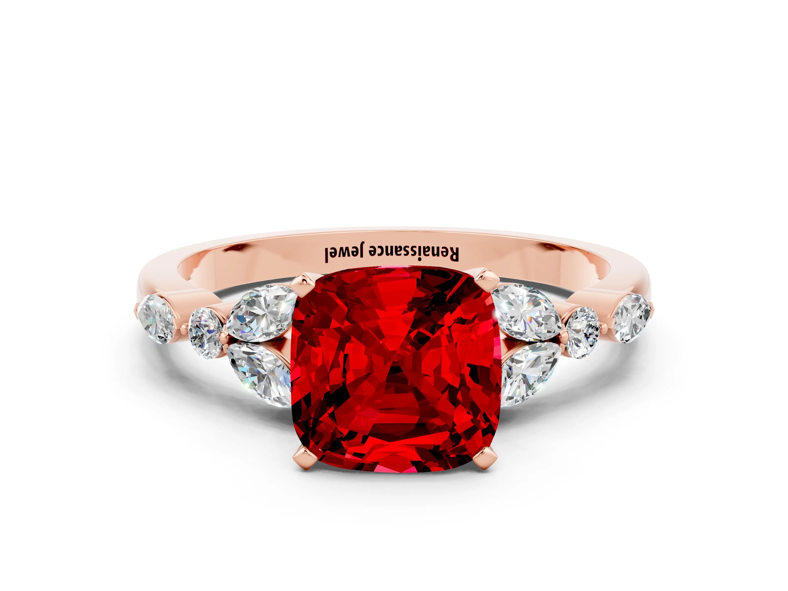 Rose gold Cushion Cut Ruby Solitaire Ring with Side Stones and Four-Prong Setting_12