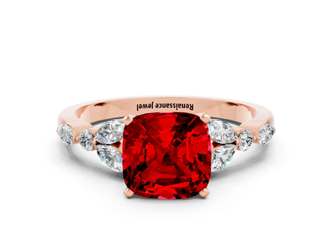 Rose gold Cushion Cut Ruby Solitaire Ring with Side Stones and Four-Prong Setting_12