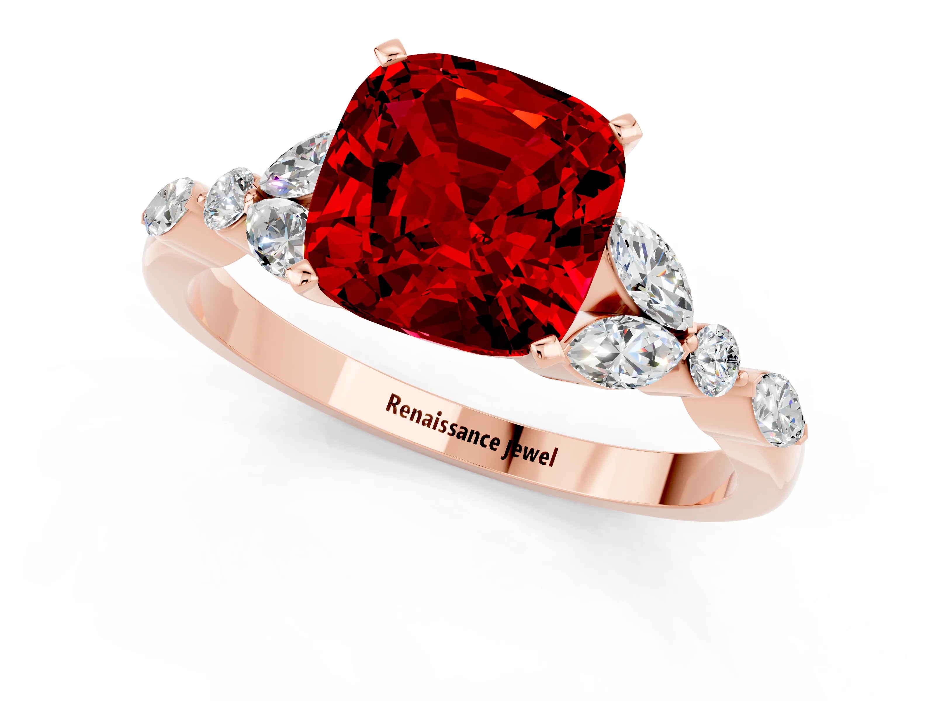Rose gold Cushion Cut Ruby Solitaire Ring with Side Stones and Four-Prong Setting_13