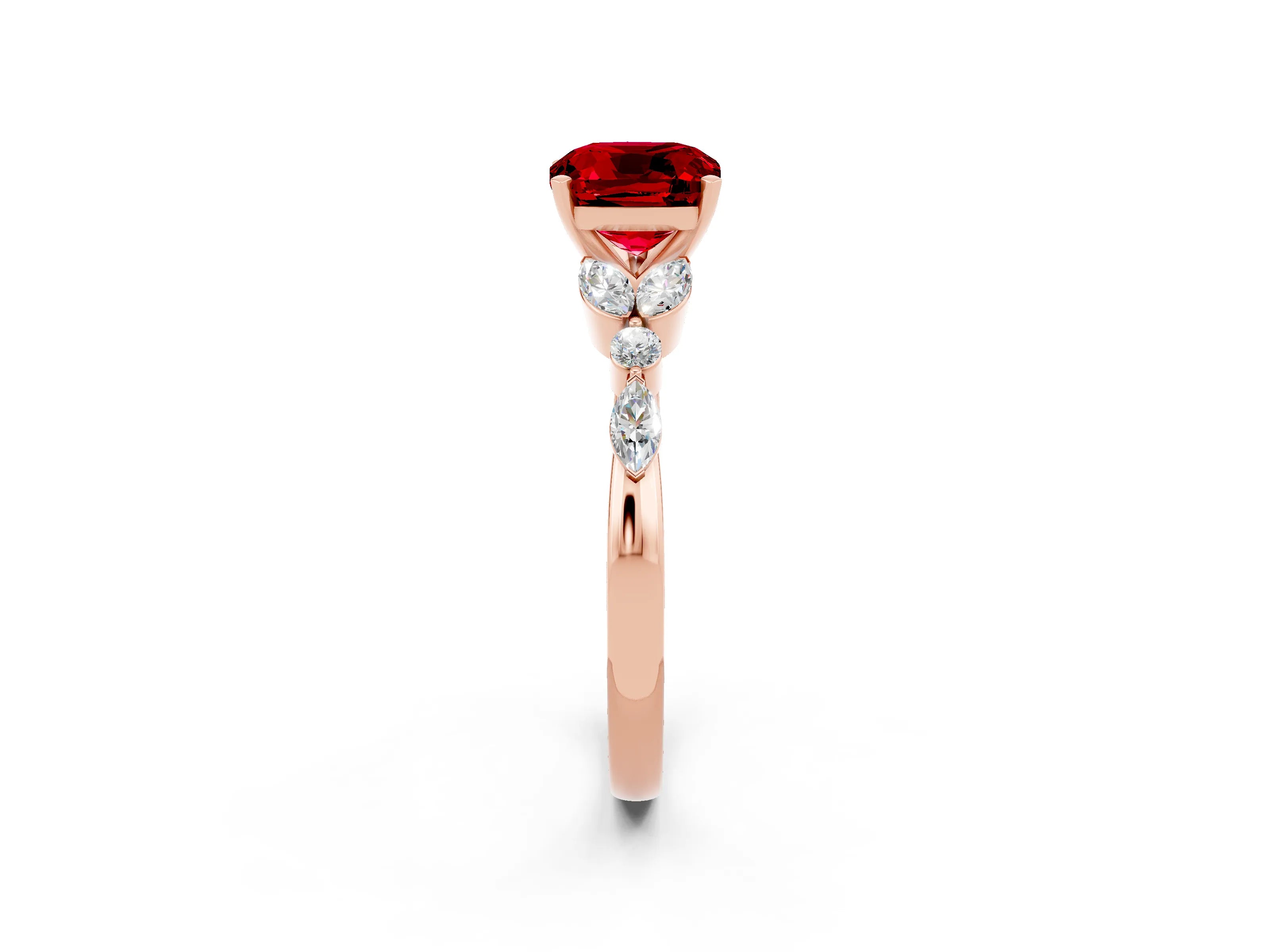 Rose gold Cushion Cut Ruby Solitaire Ring with Side Stones and Four-Prong Setting_14