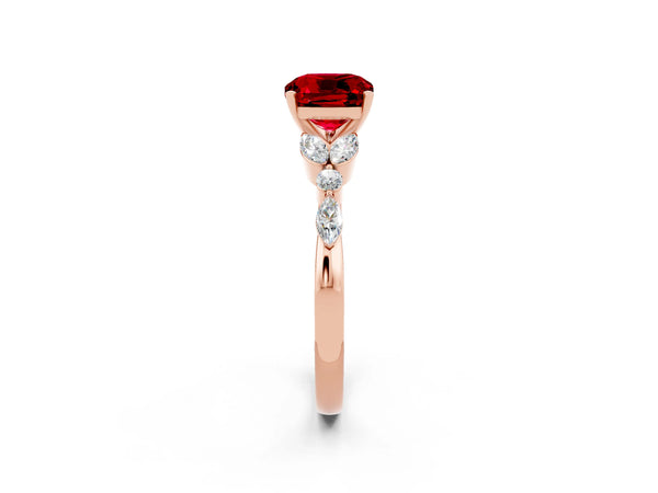 Rose gold Cushion Cut Ruby Solitaire Ring with Side Stones and Four-Prong Setting
