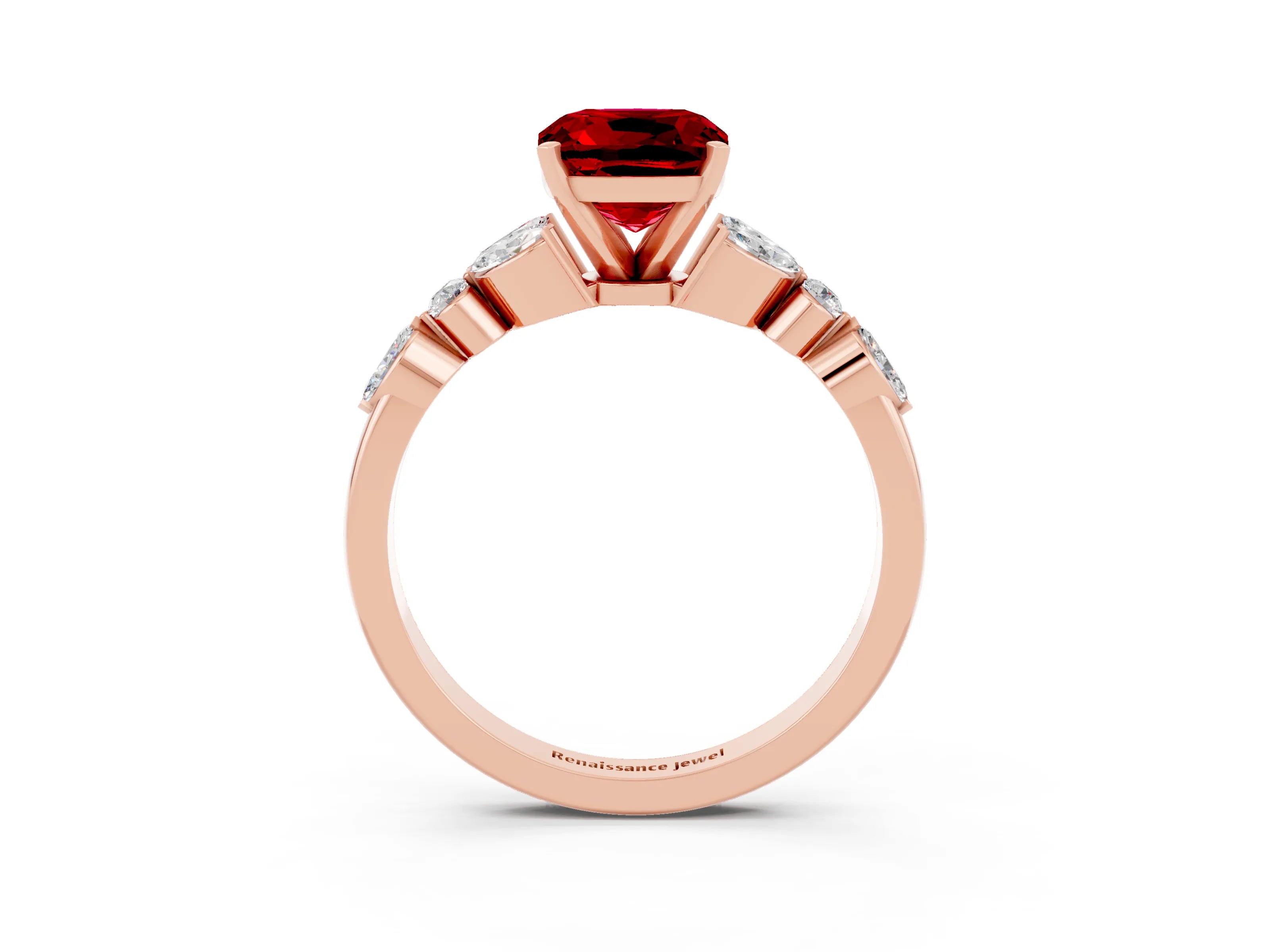 Rose gold Cushion Cut Ruby Solitaire Ring with Side Stones and Four-Prong Setting_15