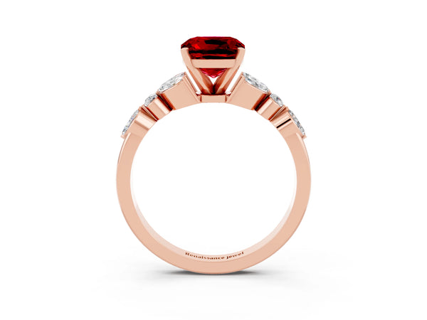 Rose gold Cushion Cut Ruby Solitaire Ring with Side Stones and Four-Prong Setting