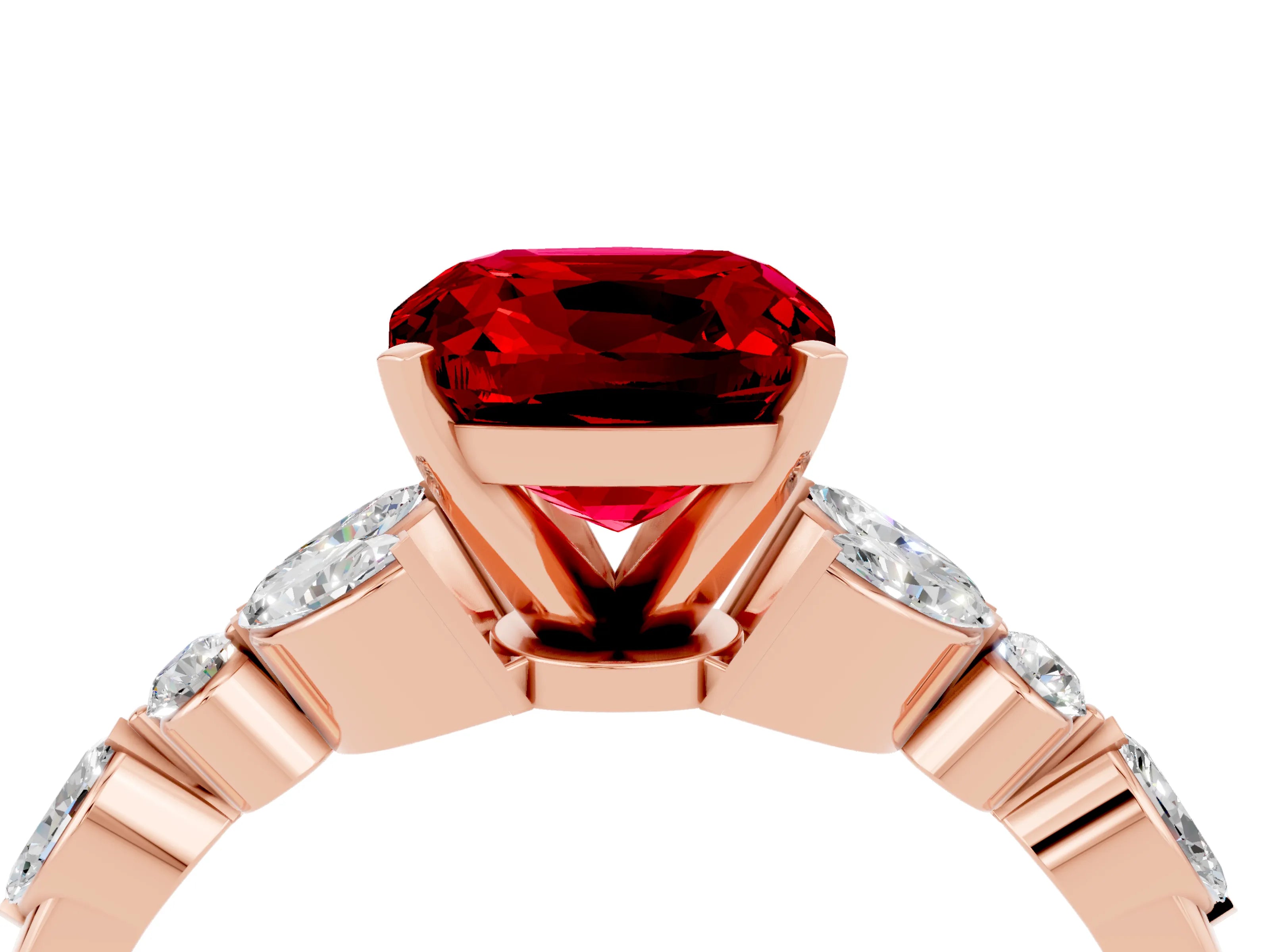 Rose gold Cushion Cut Ruby Solitaire Ring with Side Stones and Four-Prong Setting_16