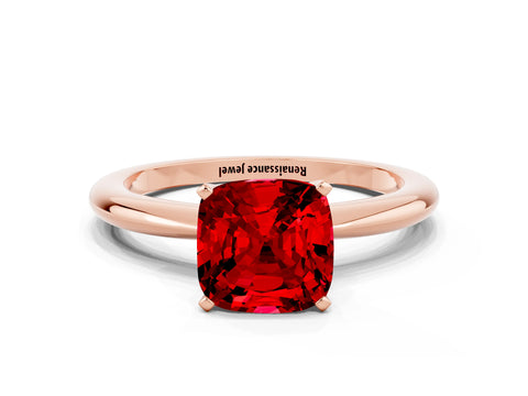 Rose gold Cushion Cut Ruby Solitaire Ring with Six-Prong Setting and Classic Band