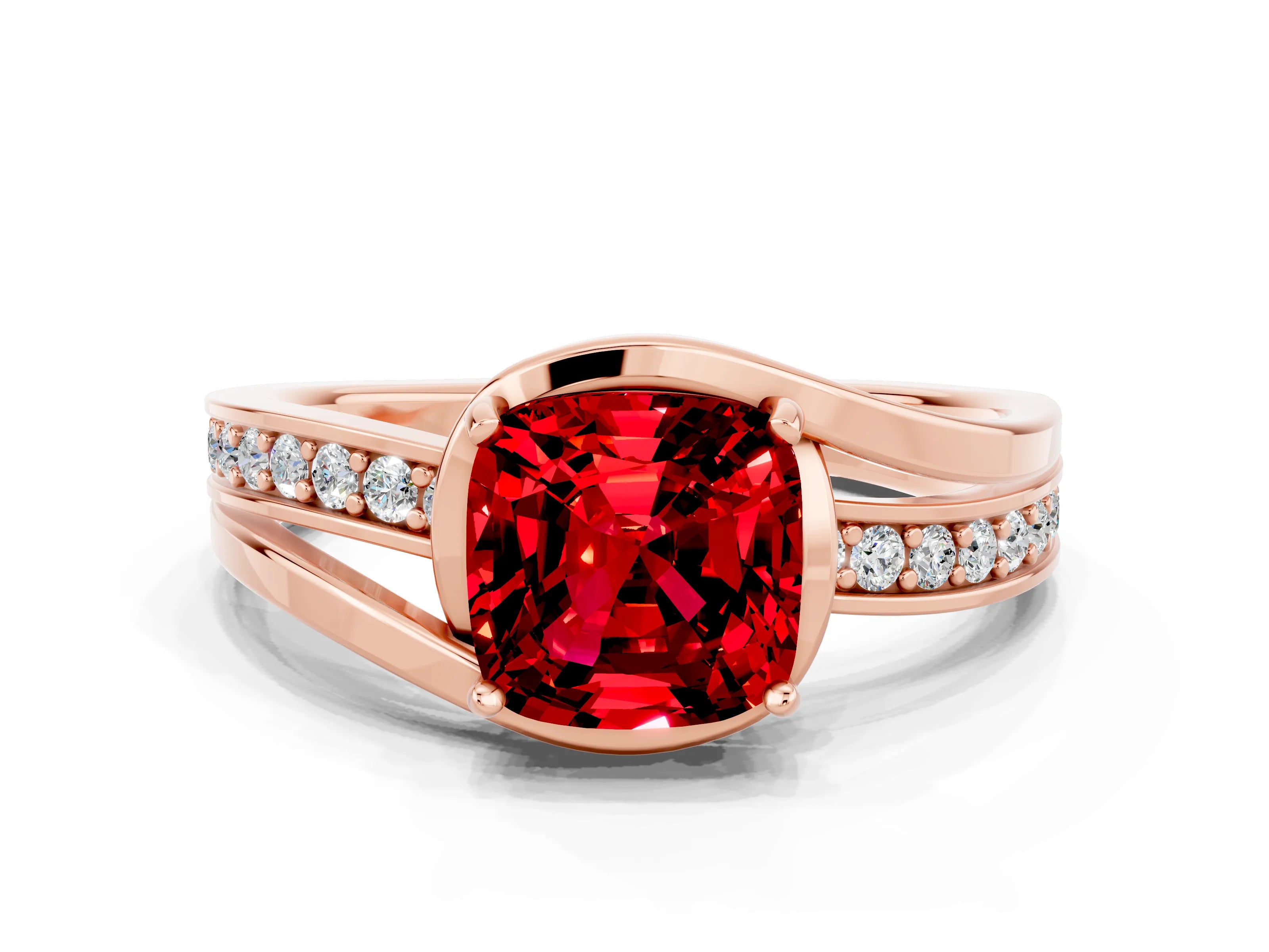 Rose gold Cushion Cut Ruby Solitaire Ring with Split Shank and Prong Setting
