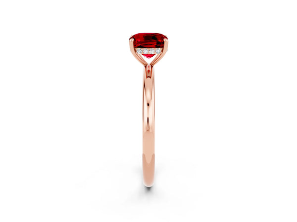 Rose gold Cushion Cut Ruby Solitaire Ring with Thin Band and Four-Prong Setting