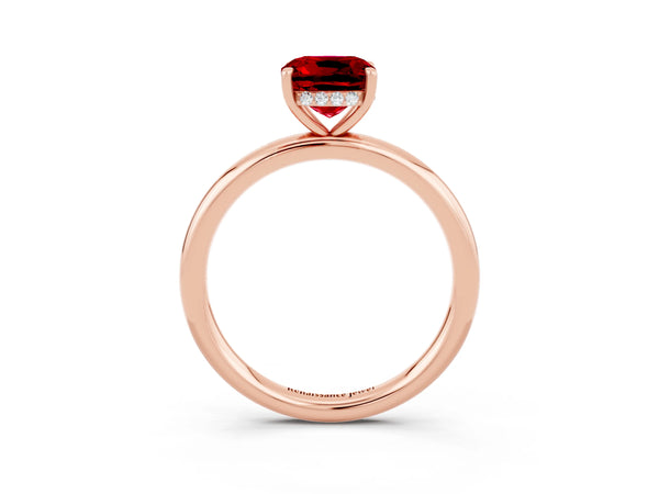 Rose gold Cushion Cut Ruby Solitaire Ring with Thin Band and Four-Prong Setting
