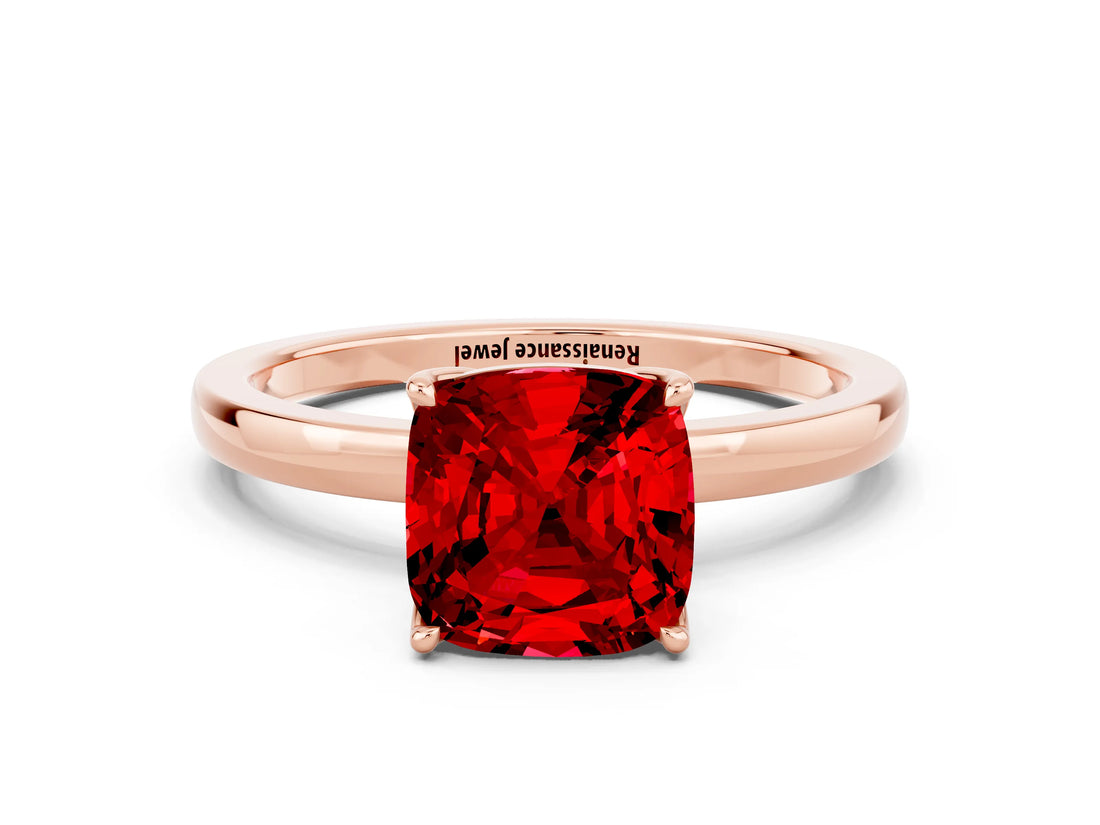 Rose gold Cushion Cut Ruby Solitaire Ring with Thin Band and Prong Setting_12