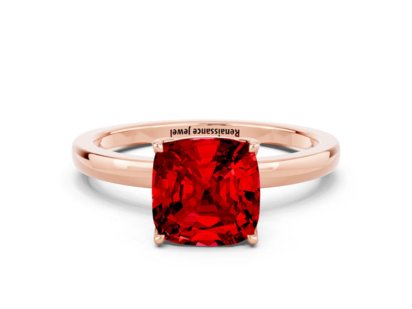 Rose gold Cushion Cut Ruby Solitaire Ring with Thin Band and Prong Setting
