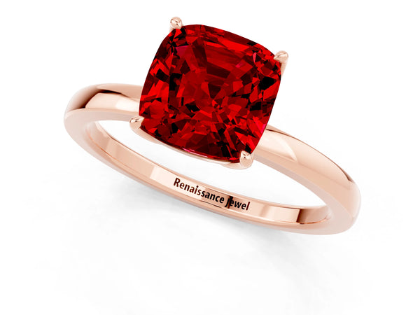 Rose gold Cushion Cut Ruby Solitaire Ring with Thin Band and Prong Setting