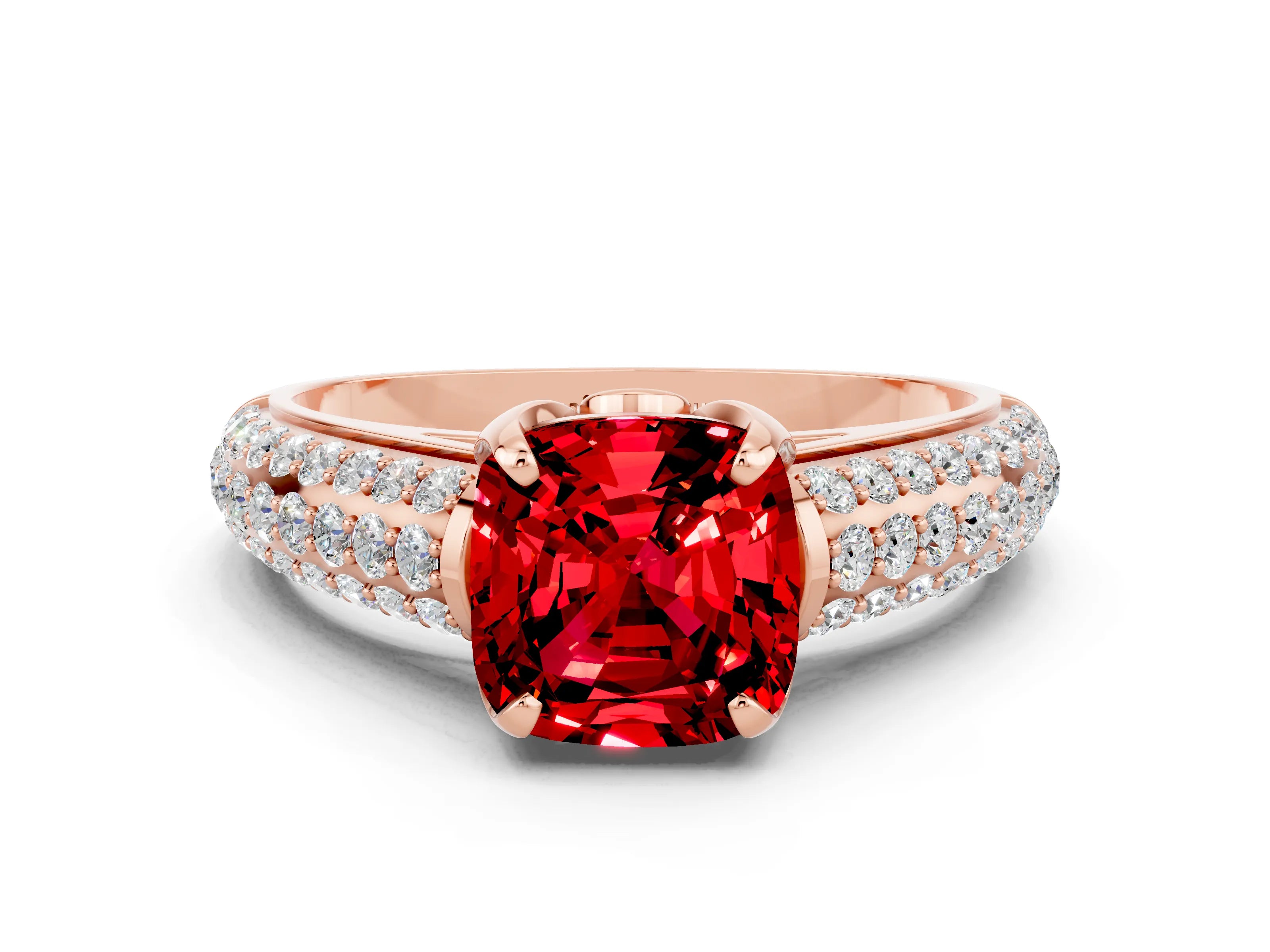 Rose gold Cushion Cut Ruby Solitaire Ring with Three-Row Pavé Band and Four-Prong Setting_12