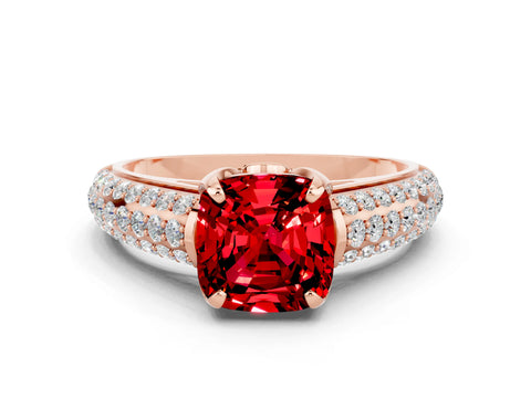 Rose gold Cushion Cut Ruby Solitaire Ring with Three-Row Pavé Band and Four-Prong Setting_12