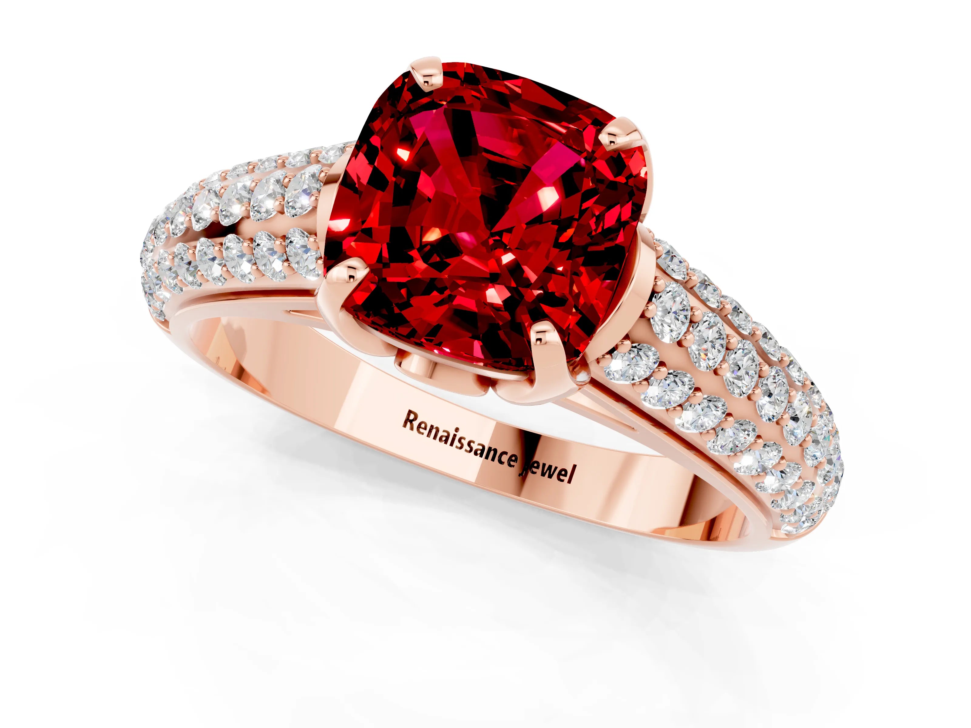 Rose gold Cushion Cut Ruby Solitaire Ring with Three-Row Pavé Band and Four-Prong Setting_13