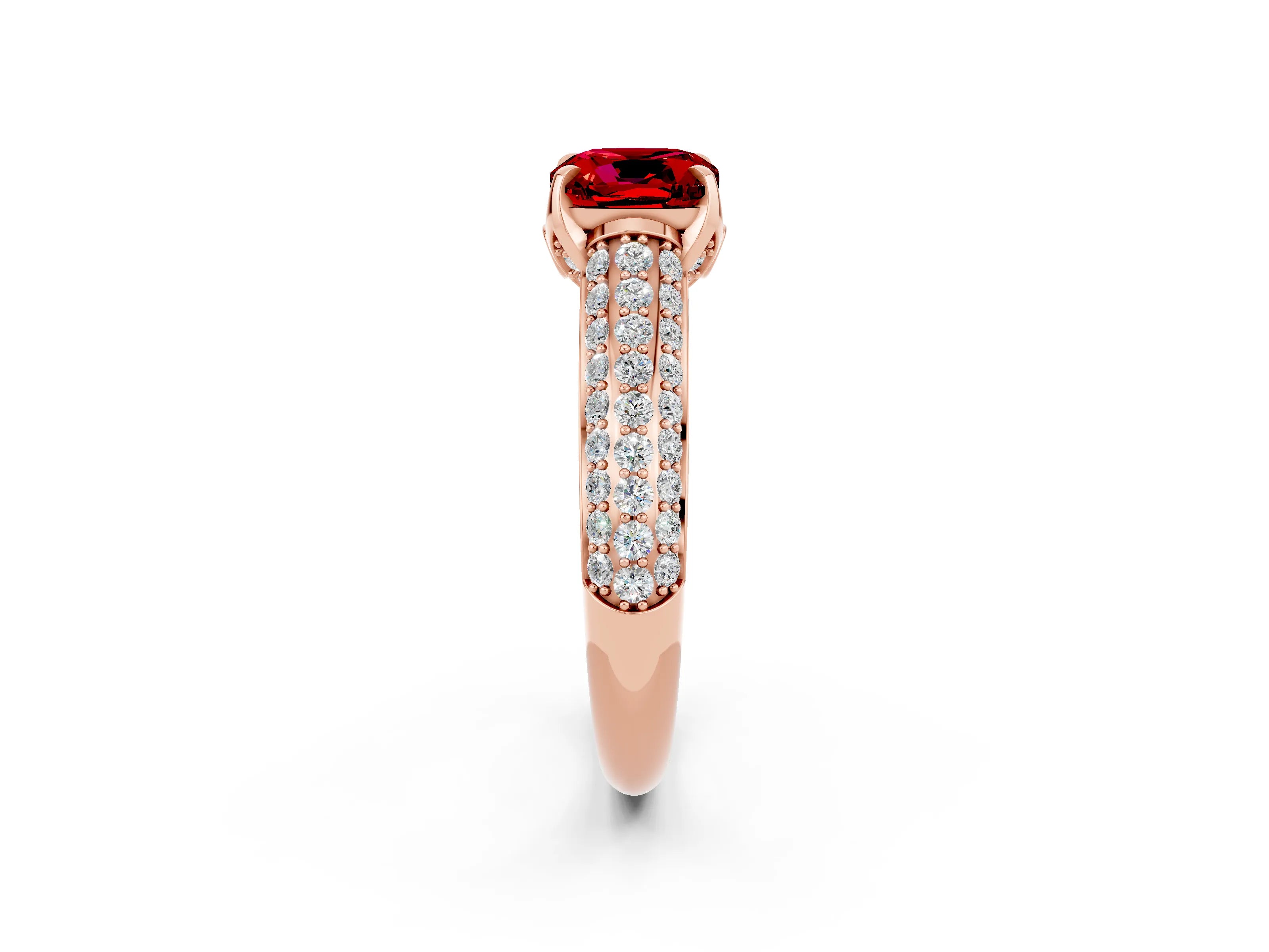 Rose gold Cushion Cut Ruby Solitaire Ring with Three-Row Pavé Band and Four-Prong Setting_14