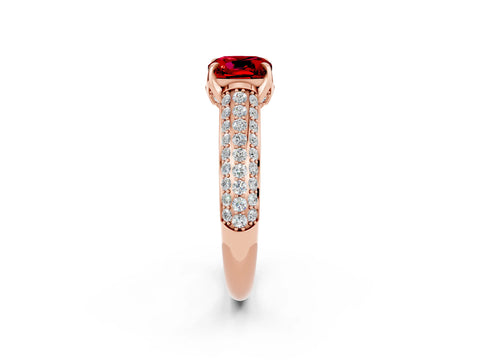 Rose gold Cushion Cut Ruby Solitaire Ring with Three-Row Pavé Band and Four-Prong Setting_14