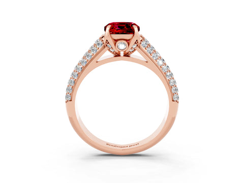 Rose gold Cushion Cut Ruby Solitaire Ring with Three-Row Pavé Band and Four-Prong Setting_15
