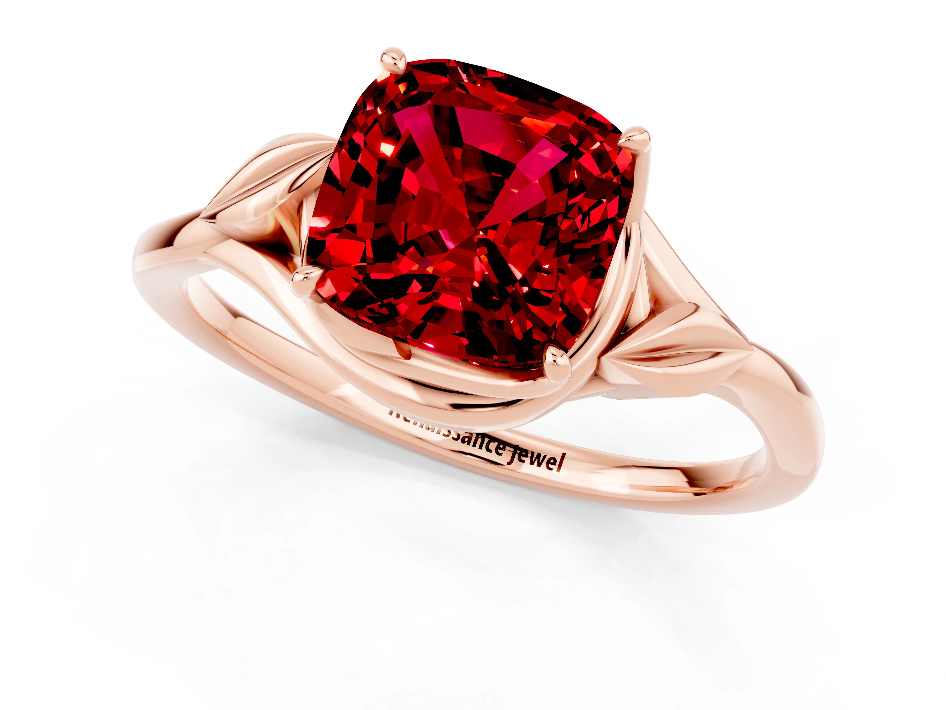Rose gold Cushion Cut Ruby Solitaire Ring with Twist Band and Four-Prong Setting_25