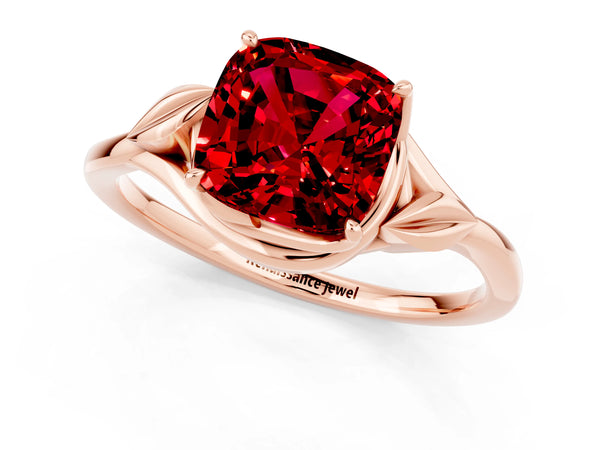 Rose gold Cushion Cut Ruby Solitaire Ring with Twist Band and Four-Prong Setting