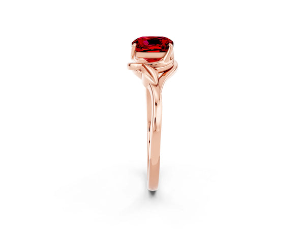 Rose gold Cushion Cut Ruby Solitaire Ring with Twist Band and Four-Prong Setting