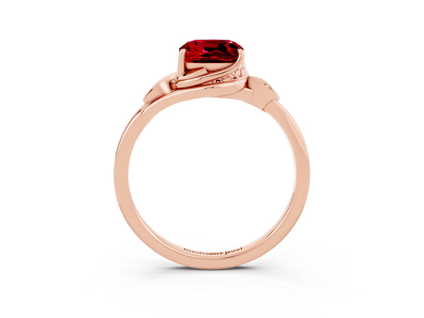 Rose gold Cushion Cut Ruby Solitaire Ring with Twist Band and Four-Prong Setting