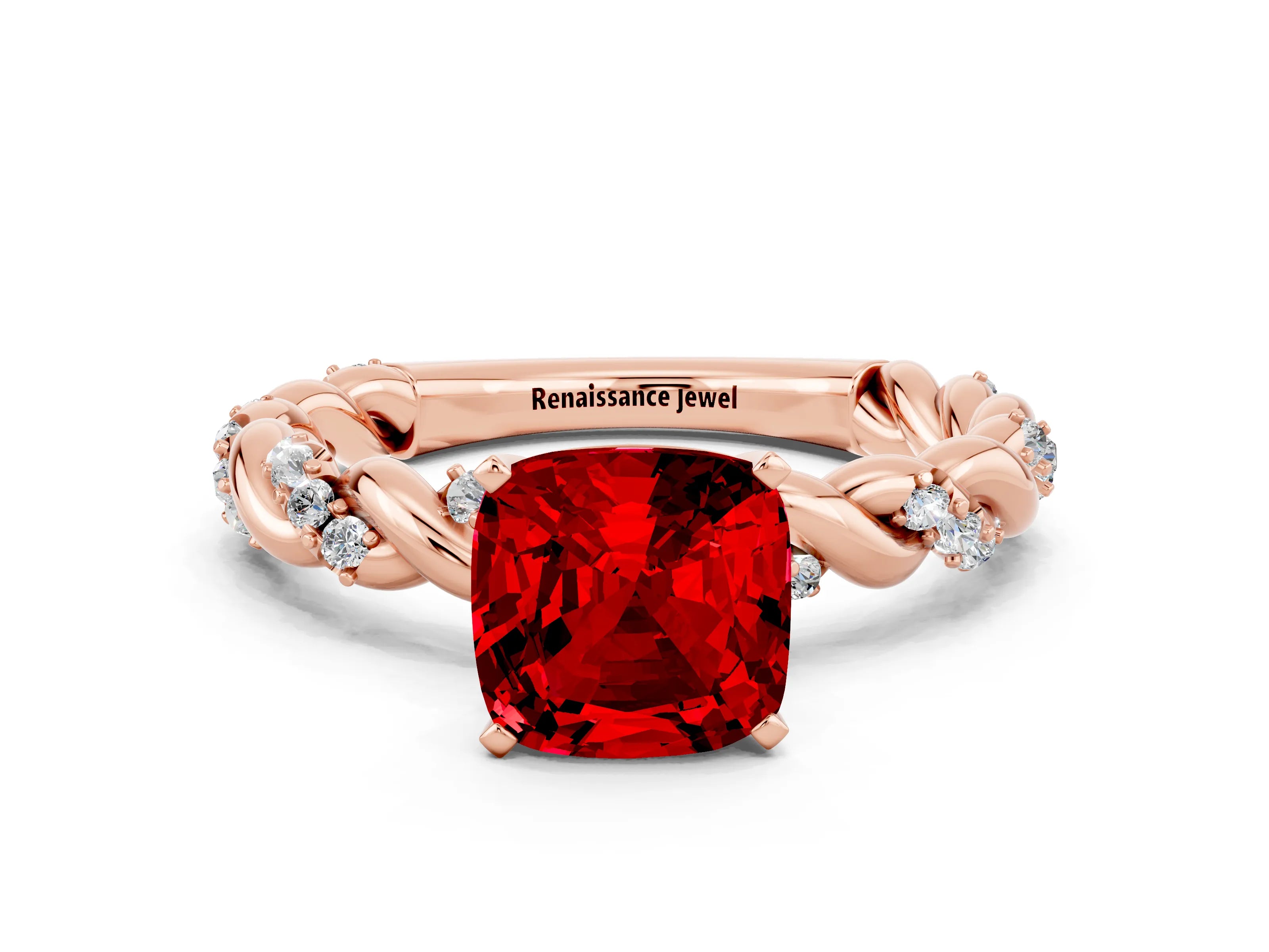 Rose gold Cushion Cut Ruby Solitaire Ring with Twisted Band and Pavé Accents