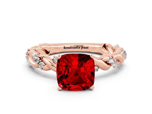 Rose gold Cushion Cut Ruby Solitaire Ring with Twisted Band and Pavé Accents