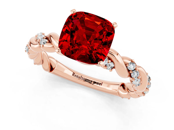 Rose gold Cushion Cut Ruby Solitaire Ring with Twisted Band and Pavé Accents