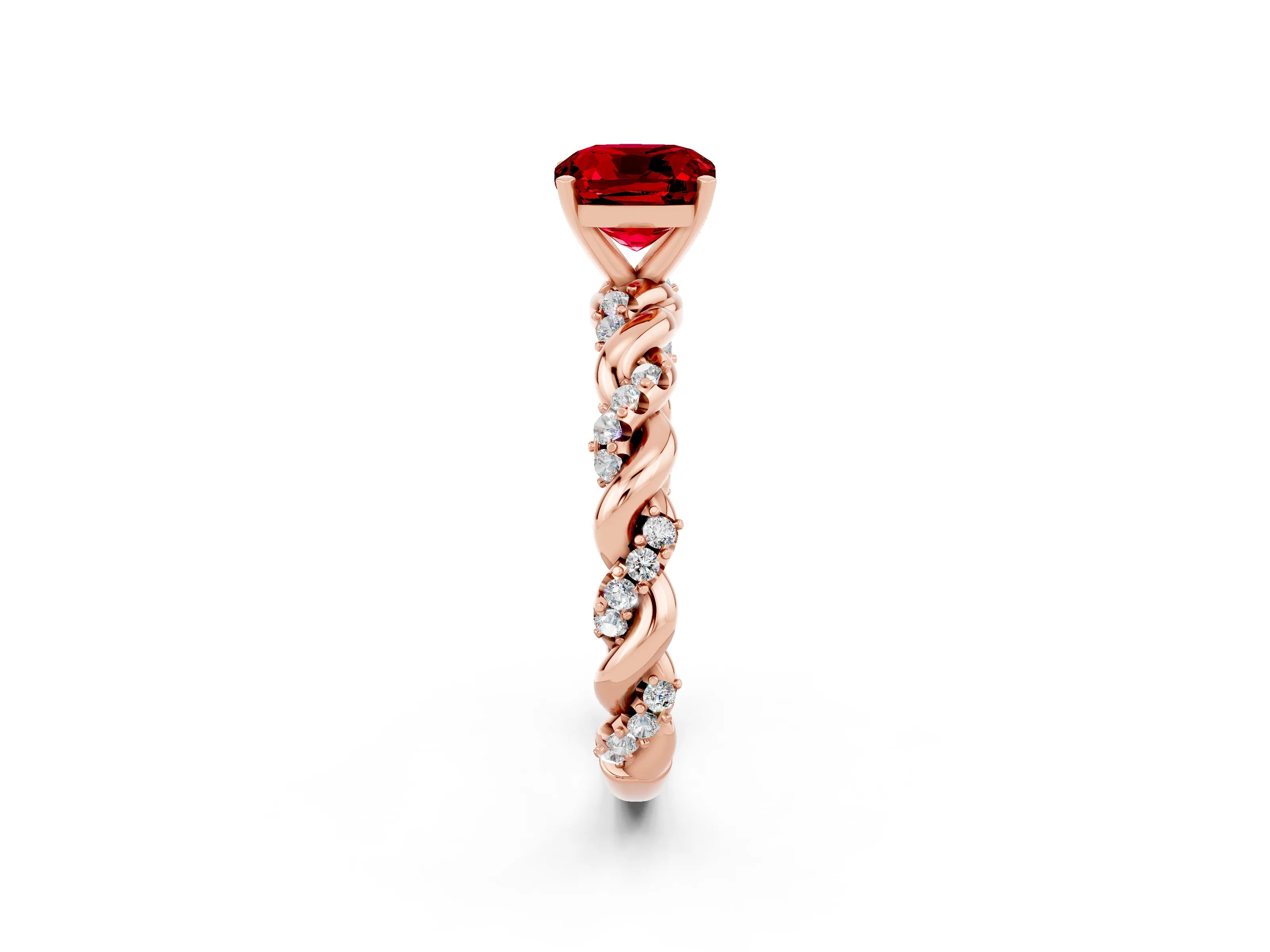 Rose gold Cushion Cut Ruby Solitaire Ring with Twisted Band and Pavé Accents_2