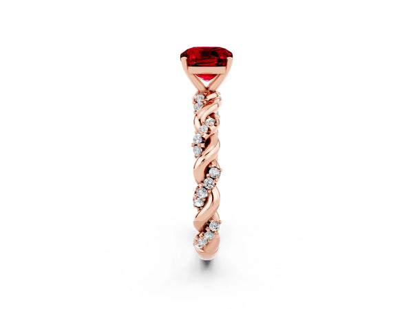 Rose gold Cushion Cut Ruby Solitaire Ring with Twisted Band and Pavé Accents