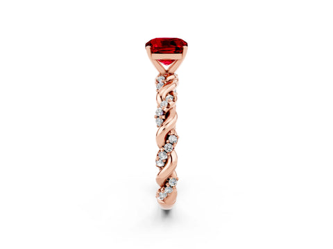 Rose gold Cushion Cut Ruby Solitaire Ring with Twisted Band and Pavé Accents_2