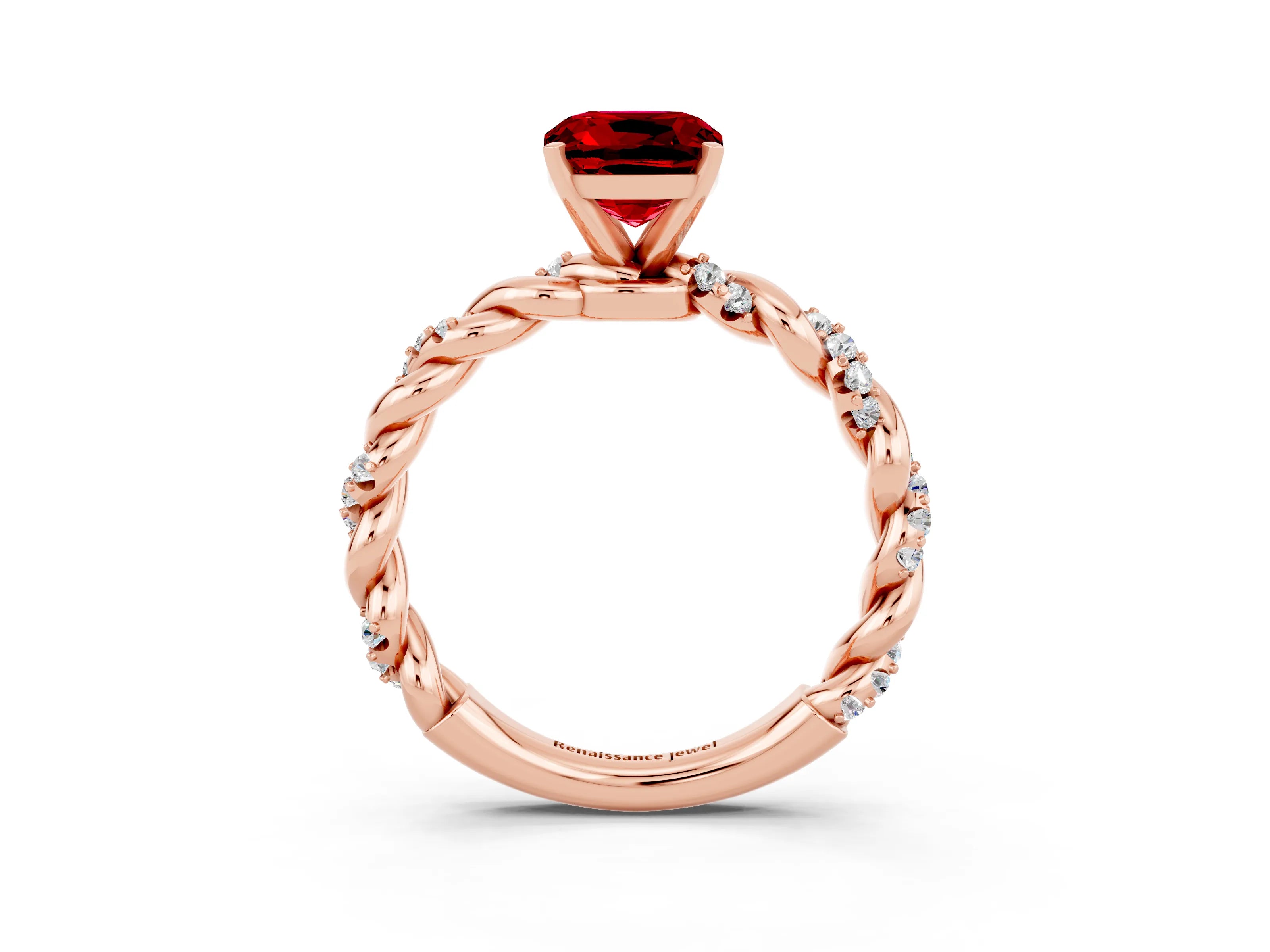 Rose gold Cushion Cut Ruby Solitaire Ring with Twisted Band and Pavé Accents_3
