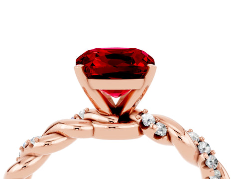 Rose gold Cushion Cut Ruby Solitaire Ring with Twisted Band and Pavé Accents_4