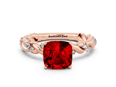 Rose gold Cushion Cut Ruby Solitaire Ring with Twisted Band and Pavé Accents