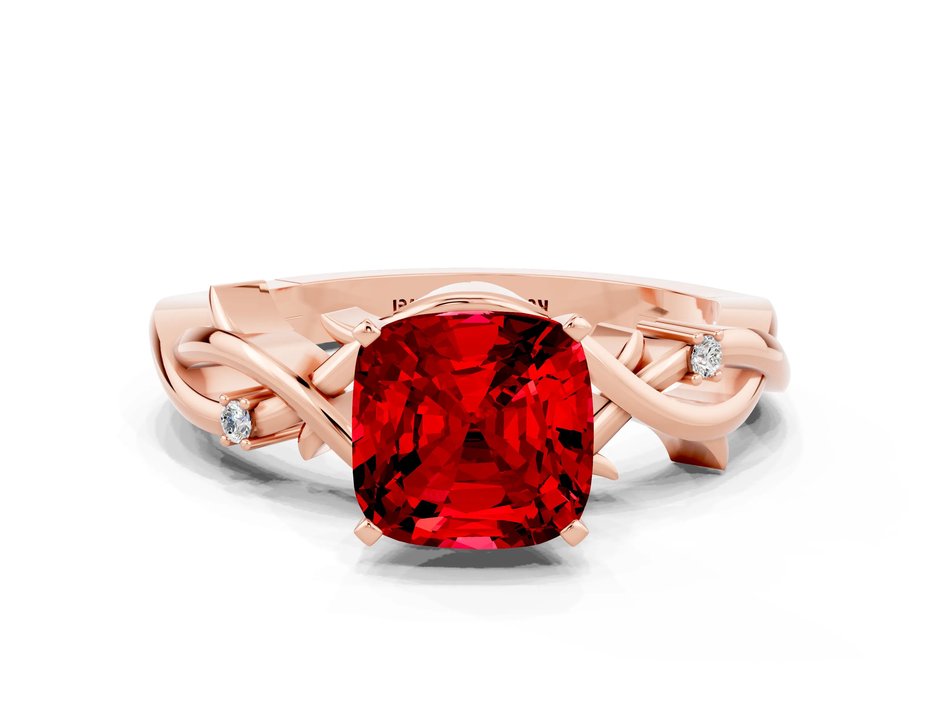 Rose gold Cushion Cut Ruby Solitaire Ring with Twisted Band and Prong Setting