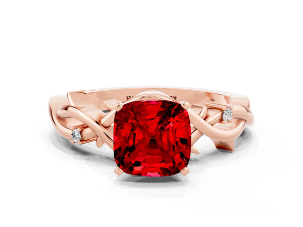 Rose gold Cushion Cut Ruby Solitaire Ring with Twisted Band and Prong Setting