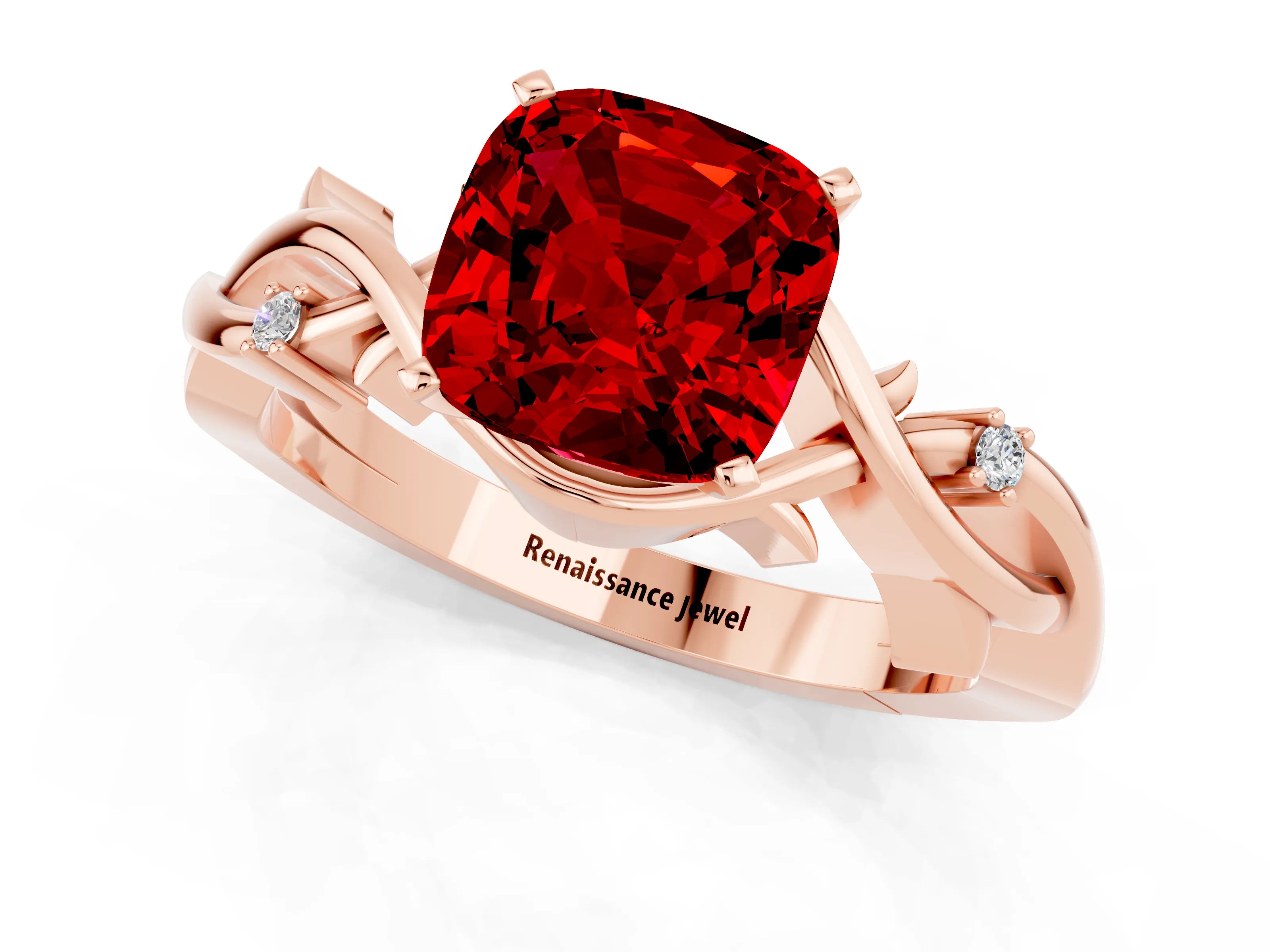 Rose gold Cushion Cut Ruby Solitaire Ring with Twisted Band and Prong Setting_1