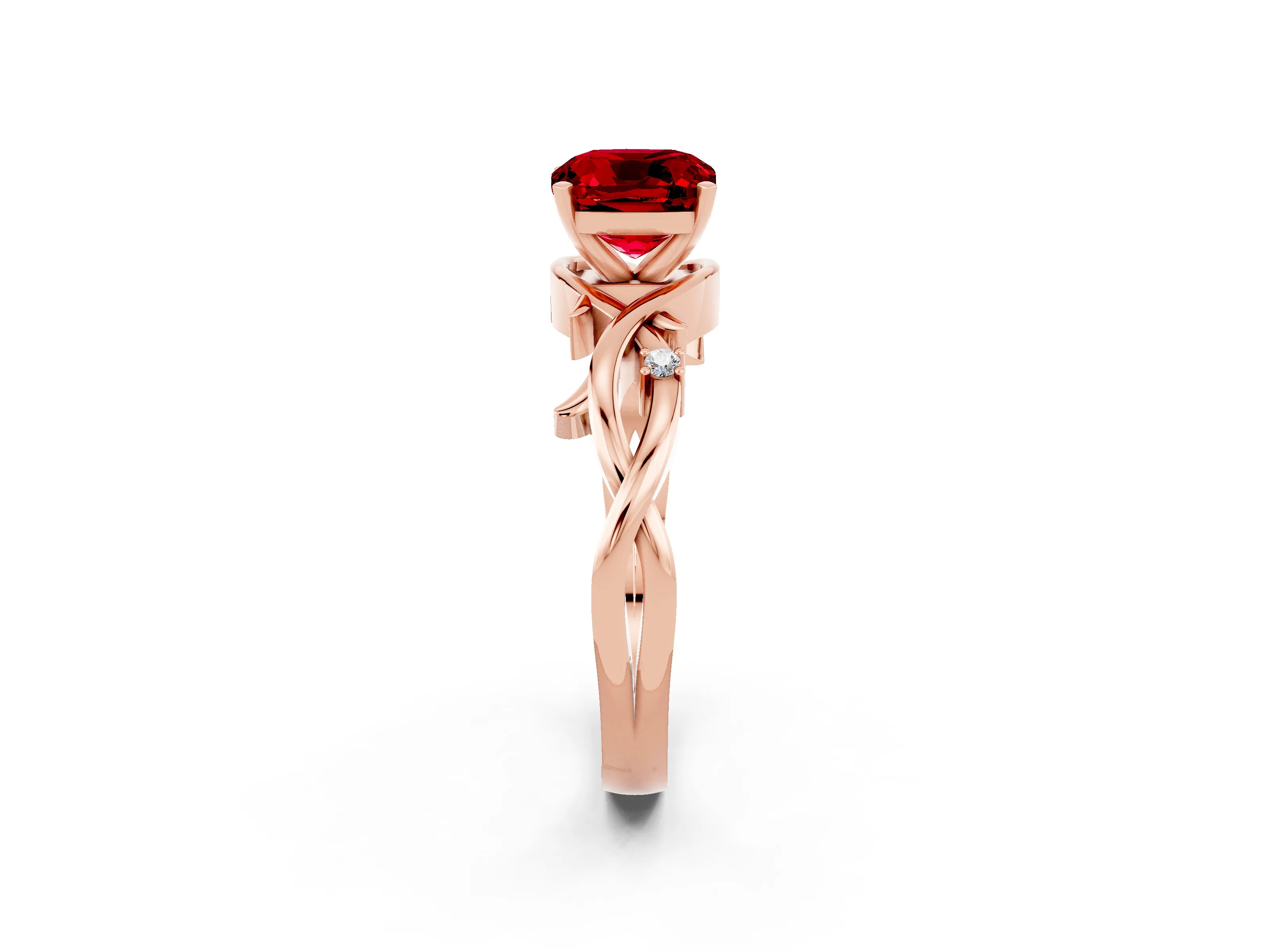 Rose gold Cushion Cut Ruby Solitaire Ring with Twisted Band and Prong Setting_2