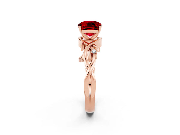 Rose gold Cushion Cut Ruby Solitaire Ring with Twisted Band and Prong Setting