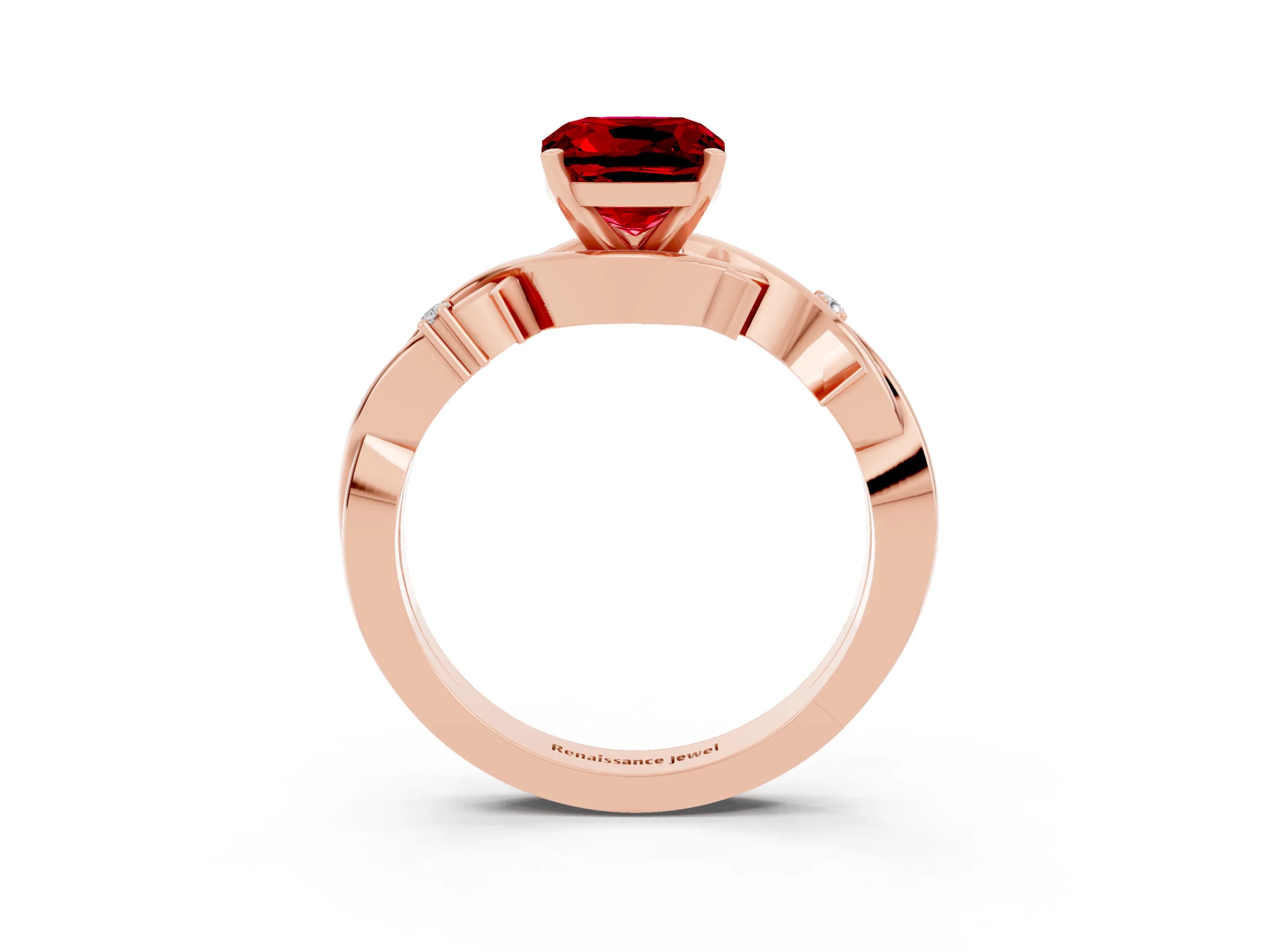 Rose gold Cushion Cut Ruby Solitaire Ring with Twisted Band and Prong Setting_3